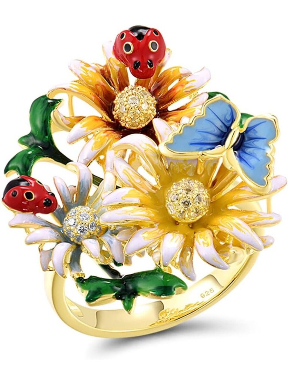 925 Sterling Silver Enamel Flower Ring for Women - Elegant Floral Design